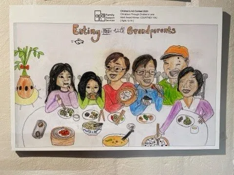 Child's drawing titled “Eating food with Grandparents”: six people sharing dishes at a round table