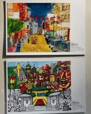 Two children's drawings: a lantern-strung Chinatown street with a lion dancer, and a Chinatown gate with a lion head