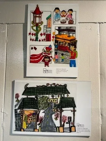 Two children's drawings: a collage with a cable car, lantern and lion dance, and a green-roofed Chinatown gateway