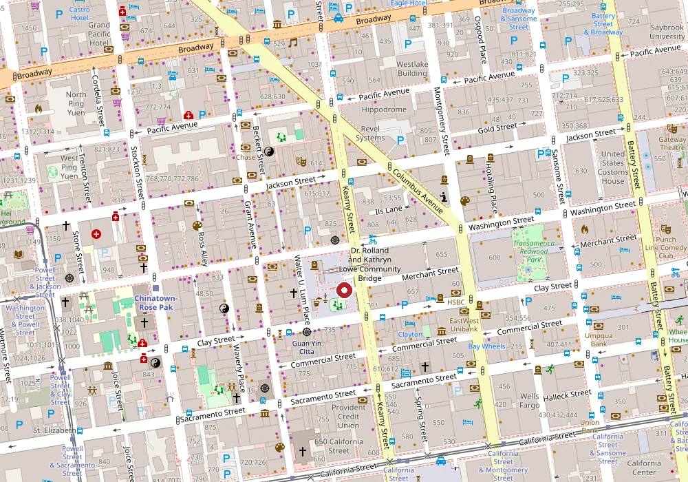 Street map of Chinatown, San Francisco, with Portsmouth Square Garage marked at 733 Kearny Street, between Clay Street and Washington Street.