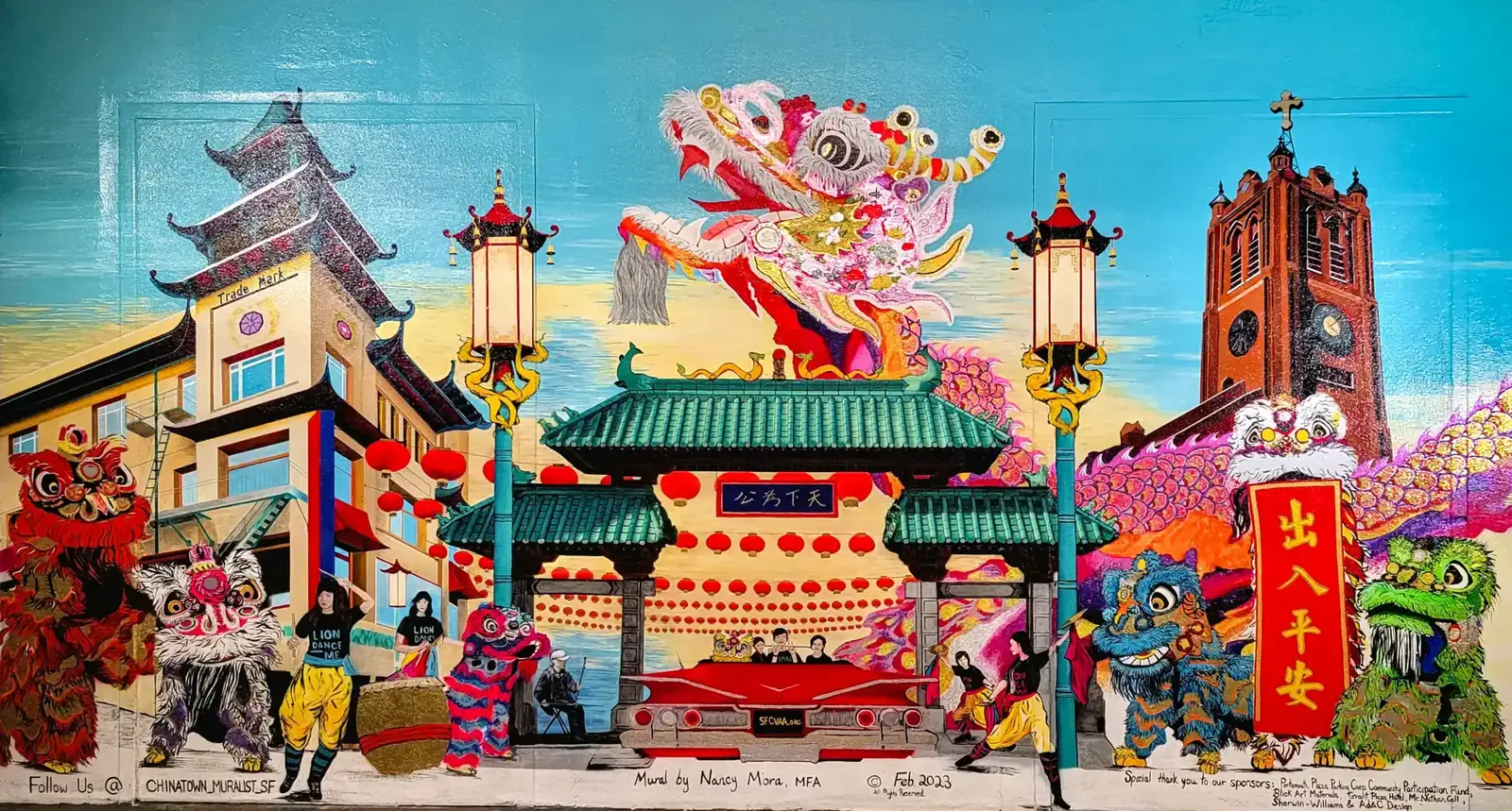 &ldquo;A Chinatown Dream&rdquo; mural by Nancy Mora inside Portsmouth Square Garage, depicting lion dancers and Lunar New Year celebrations